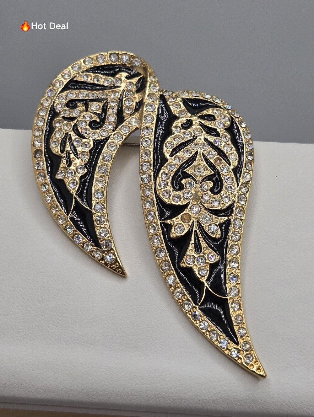 Butler Angel Wing Brooch Black Enamel Crystal Gold Tone 3" Madrid Style Vintage
